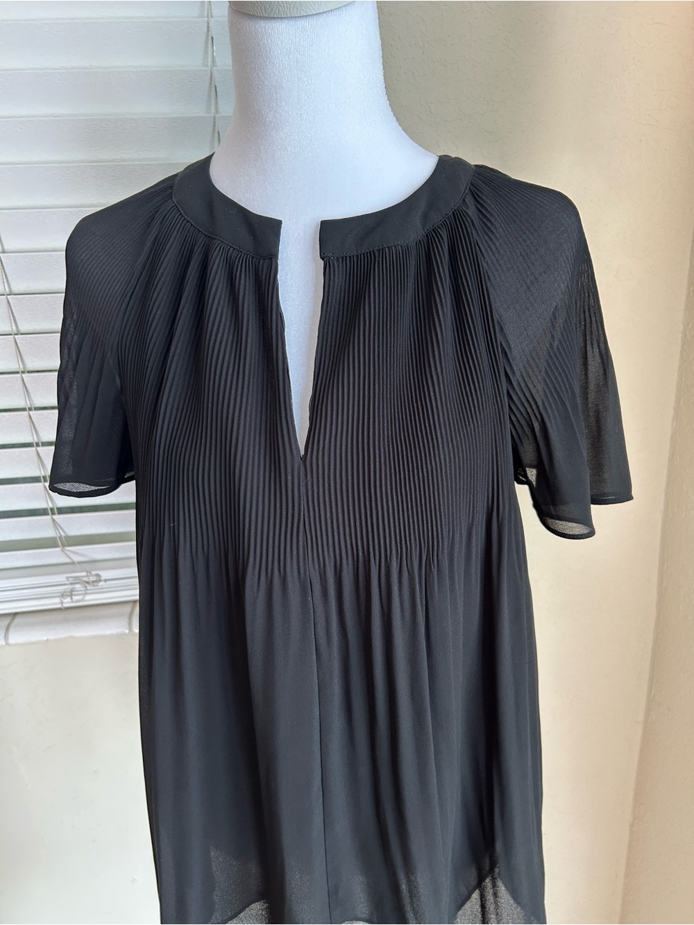 Philosophy Black Pleated Chiffon Blouse, Sheer V-Neck Size Medium